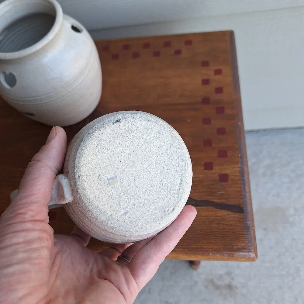 Vintage salt glazed Pinewood Valley stoneware creamer and sugar bowl blue hearts